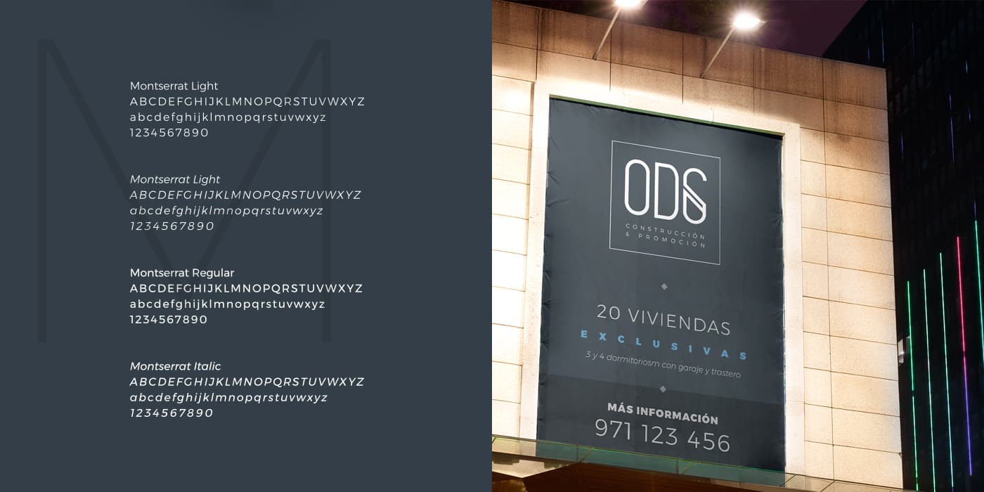 Ficha tipográfica Montserrat y lona publicitaria de ODS en una fachada nocturna