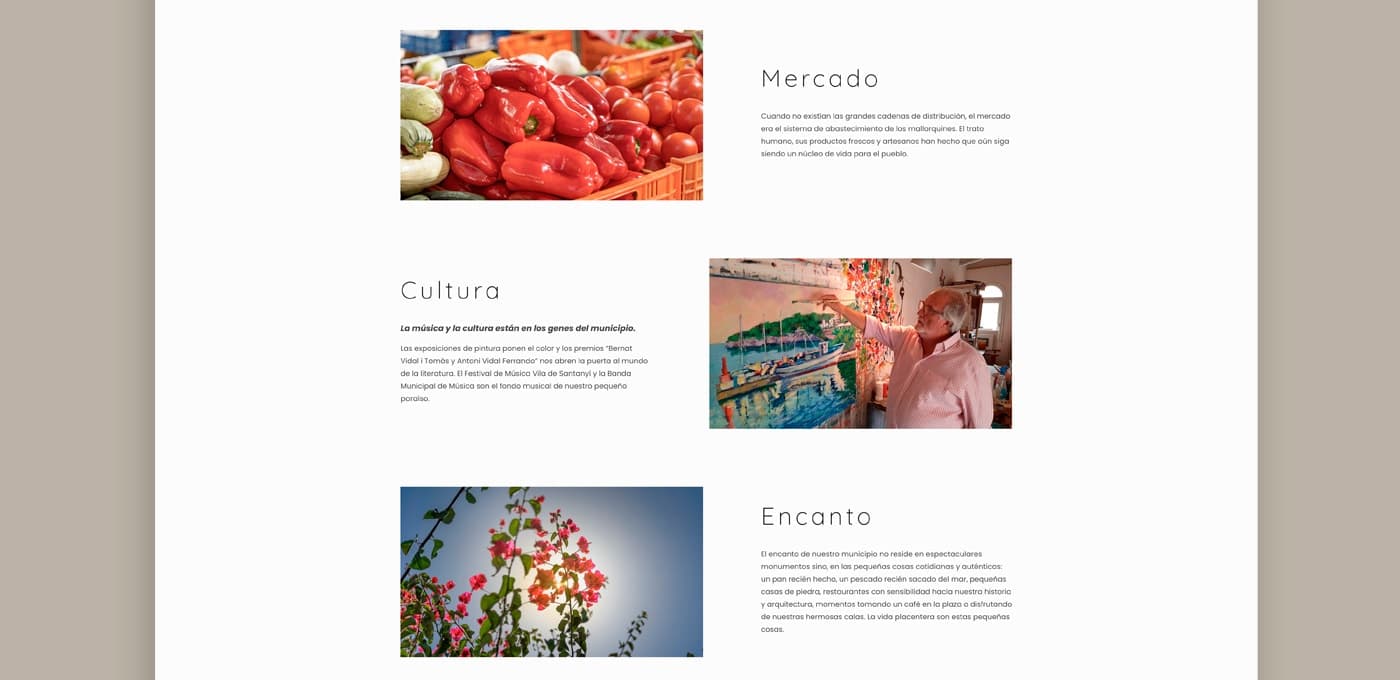 Página web con fotografías del mercado local, la cultura y el encanto del pueblo