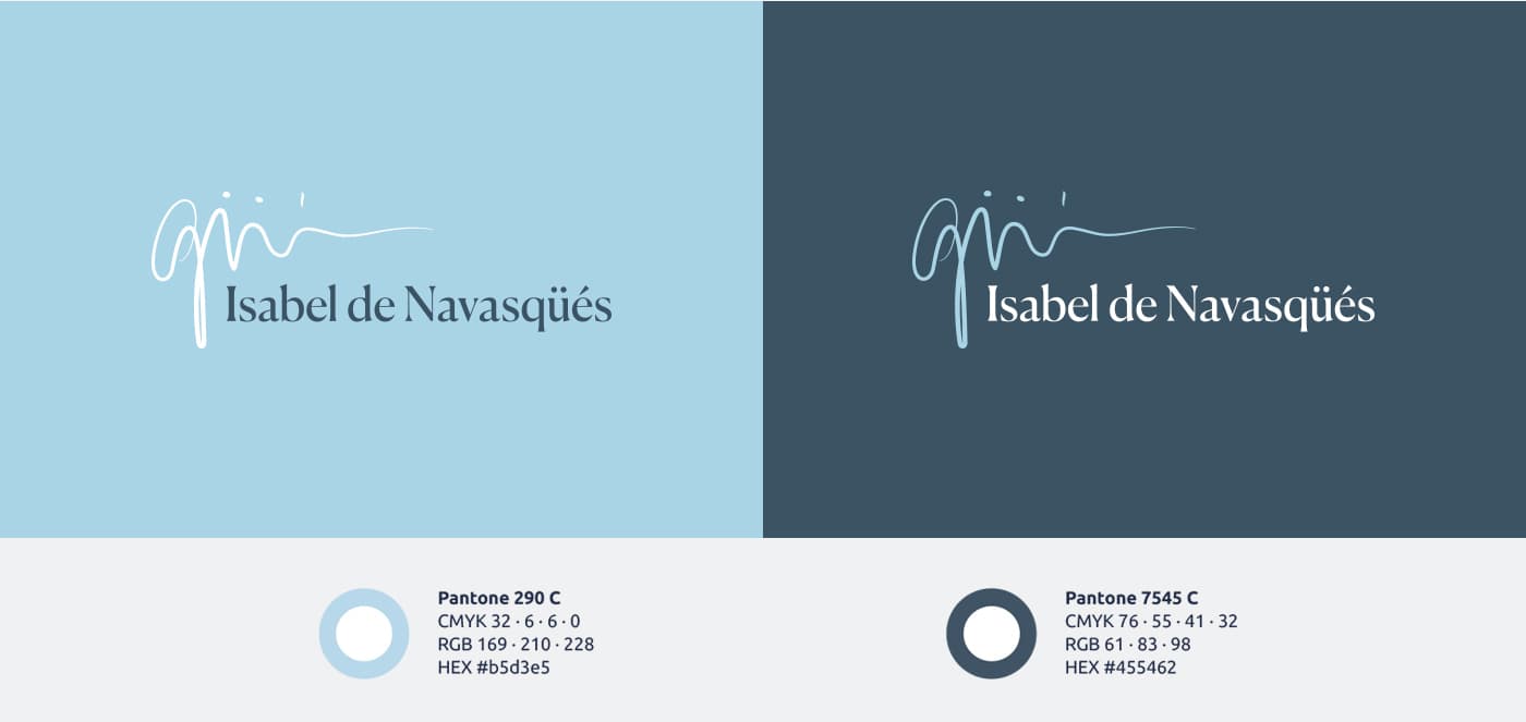 Logotip manuscrit d'Isabel de Navasqüés en versió clara i fosca amb la seva paleta de color
