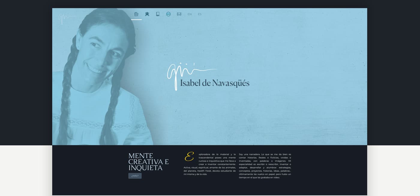 Pàgina d'inici de la web amb el retrat d'Isabel i la seva signatura manuscrita