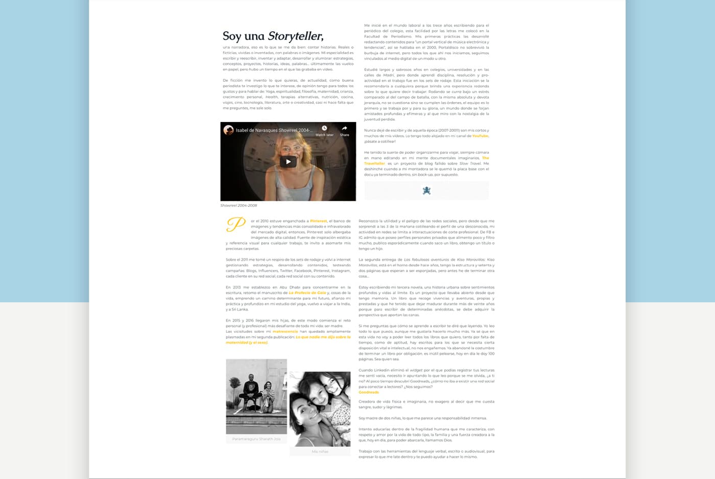 Pàgina web Soc una Storyteller amb vídeo showreel i fotografies familiars