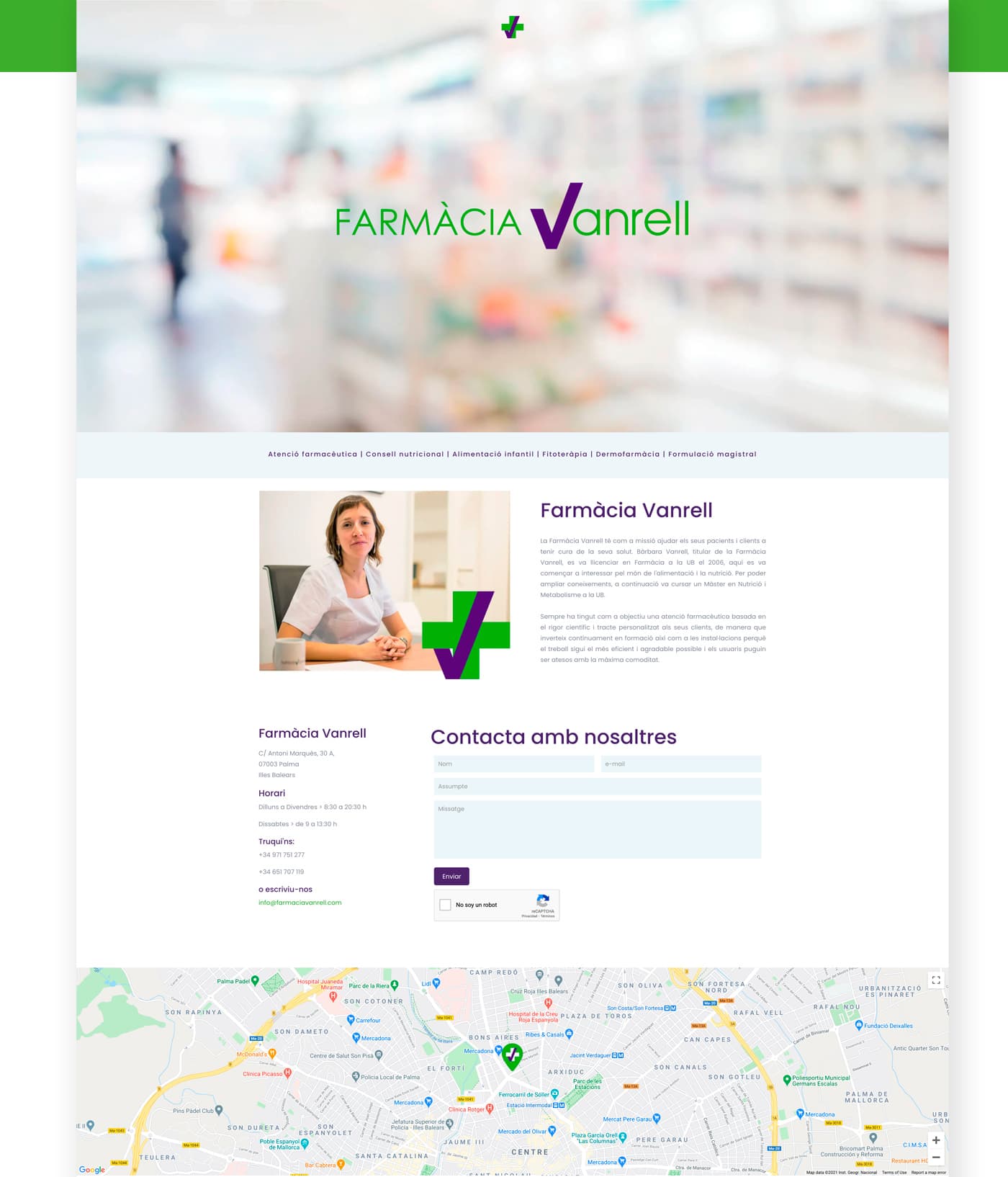 Web de Farmàcia Vanrell amb foto d'interior desenfocada i logotip centrat