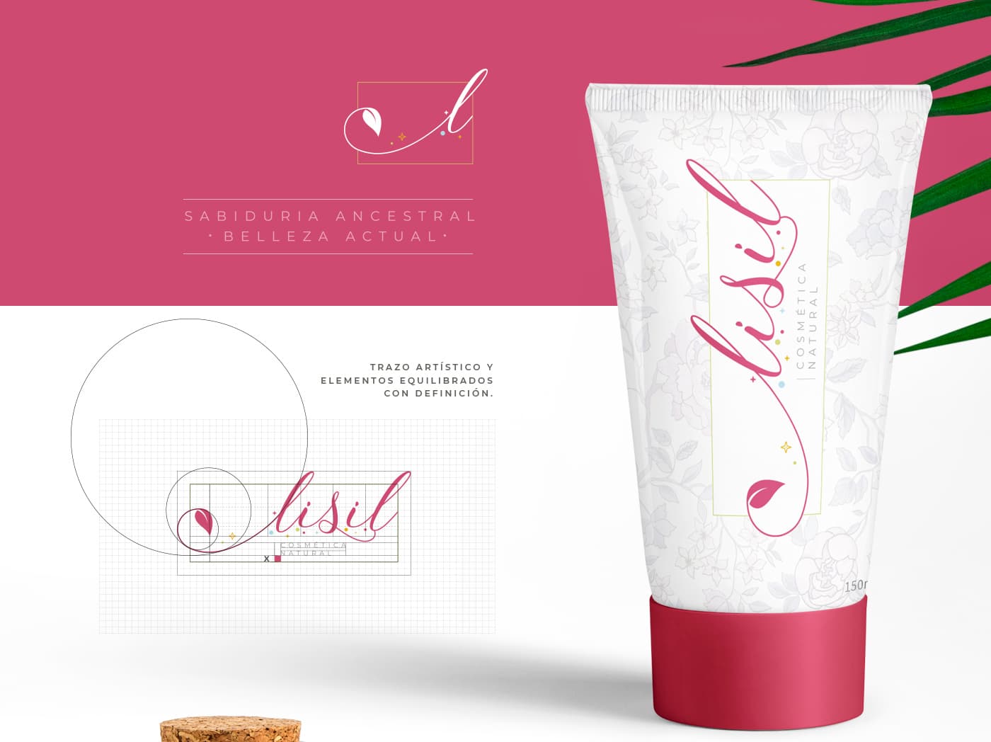 Ficha de marca con la construcción geométrica del logotipo y un tubo de crema floral
