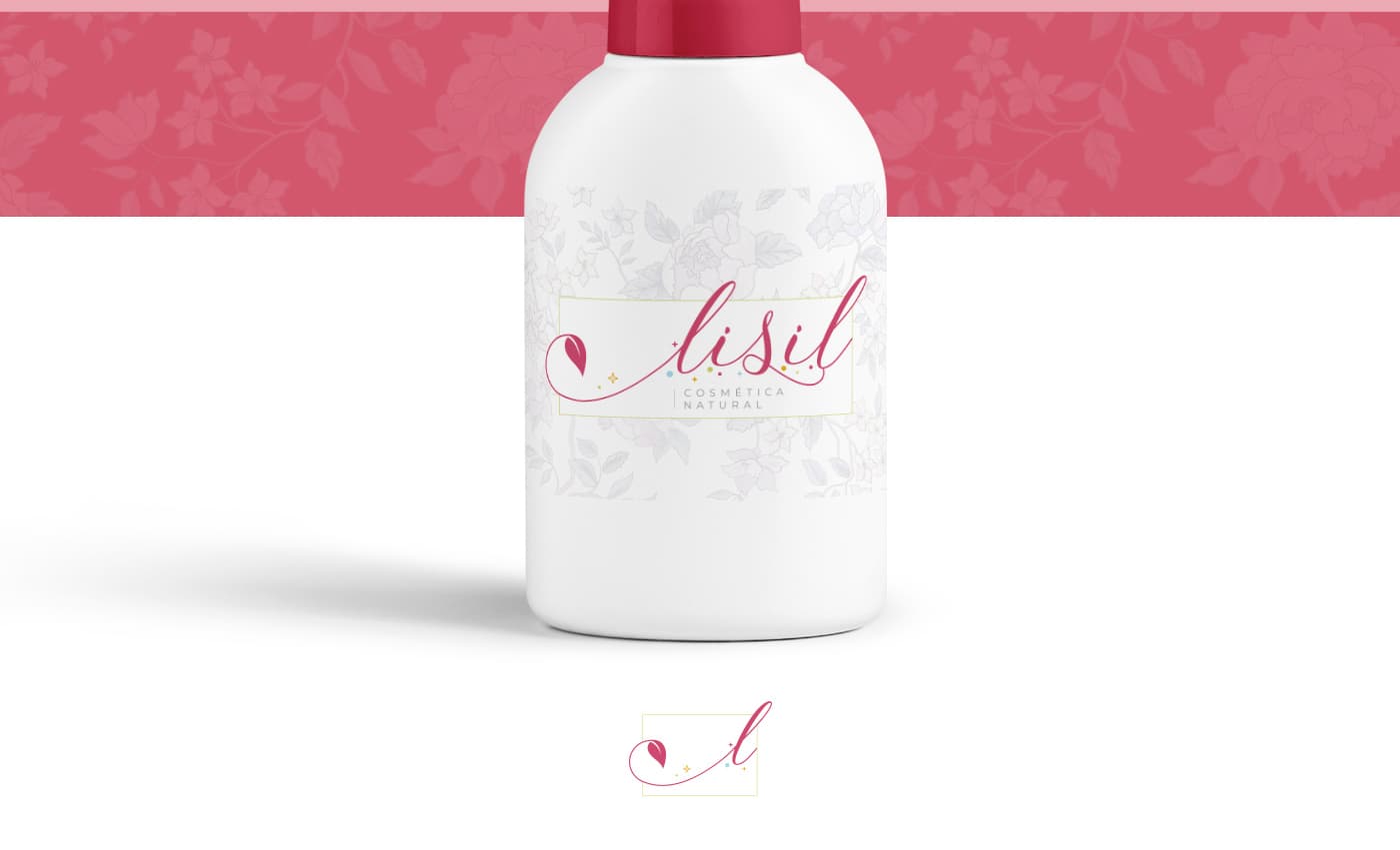 Botella blanca con tapón rojo y estampado floral con el logotipo de Lisil