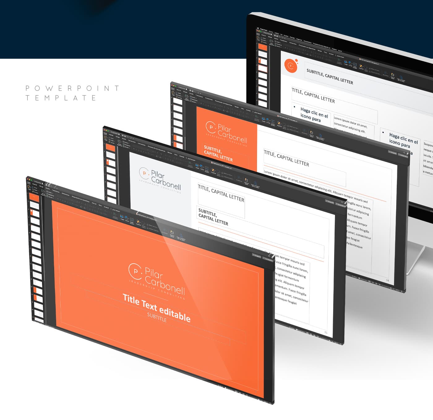 PowerPoint template mockup with an orange cover and content slides