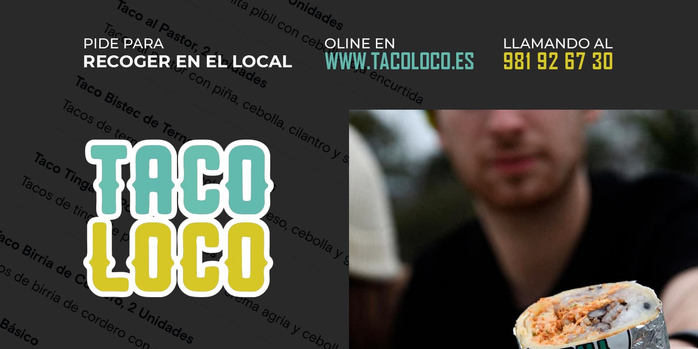 Logotip Taco Loco superposat a la carta de tacos i a un client subjectant un burrito