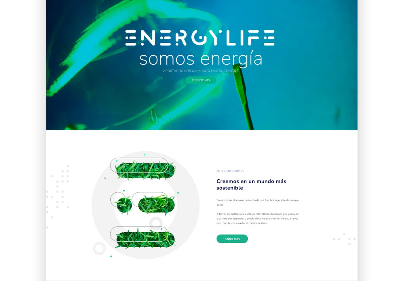 Cabecera de la web con el claim Somos energía y sección Quiénes Somos con iconos de césped