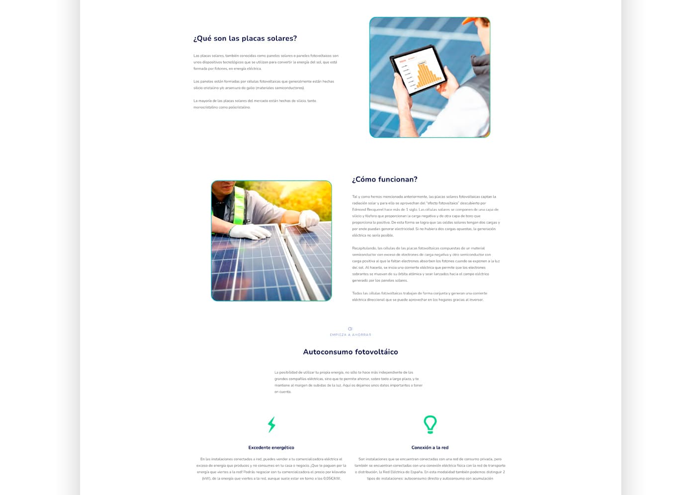 Página web con fotografías de instalación de paneles solares y texto explicativo del proceso