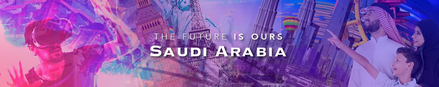 Collage con gafas de realidad virtual, monumentos y el eslogan The Future Is Ours Saudi Arabia