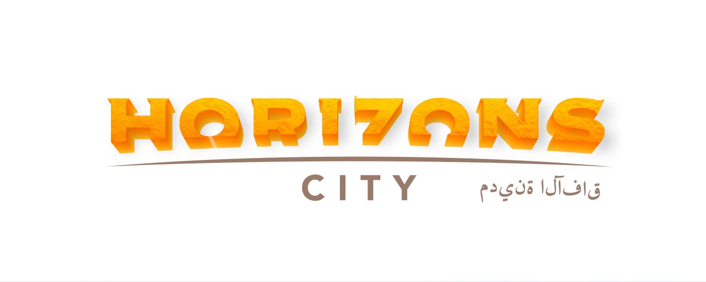 Logotipo Horizons City en letras doradas con textura de piedra
