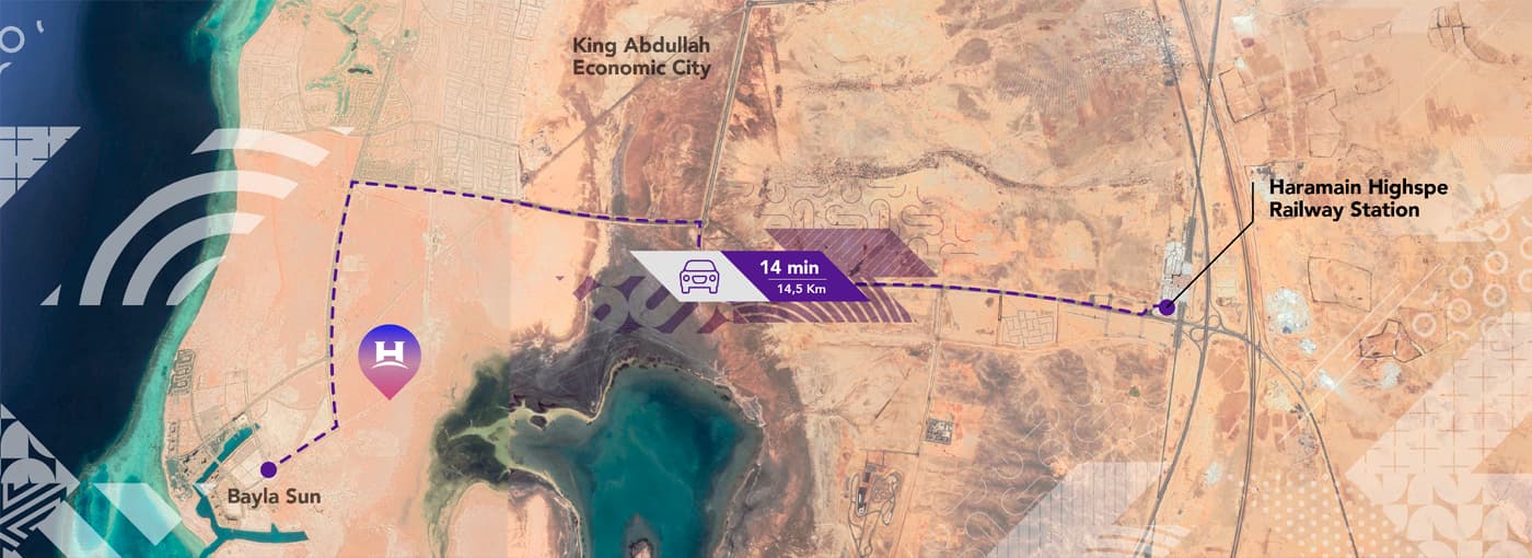 Mapa de ubicación del parque con las distancias a King Abdullah Economic City