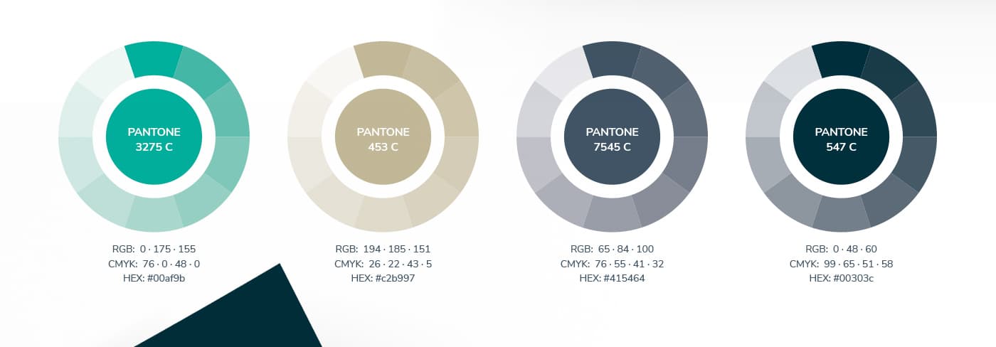 Paleta cromàtica corporativa en Pantone: turquesa, beix, gris i blau petroli