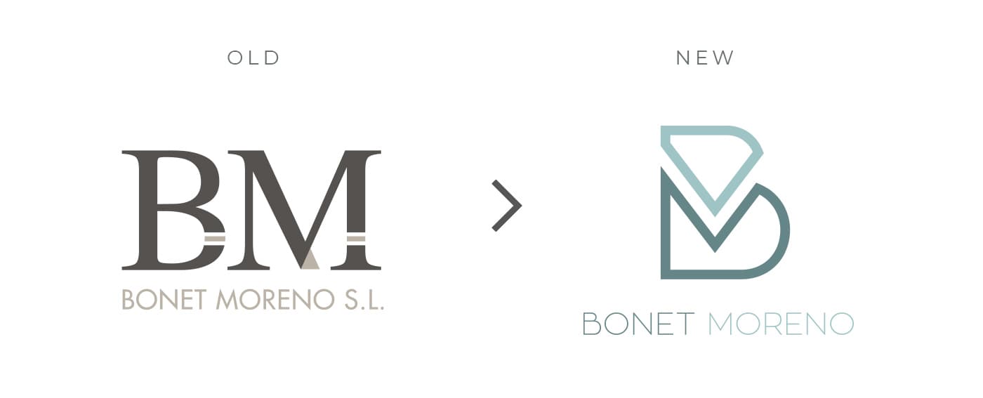 Comparativa del logotipo antiguo y el rediseño de Bonet Moreno