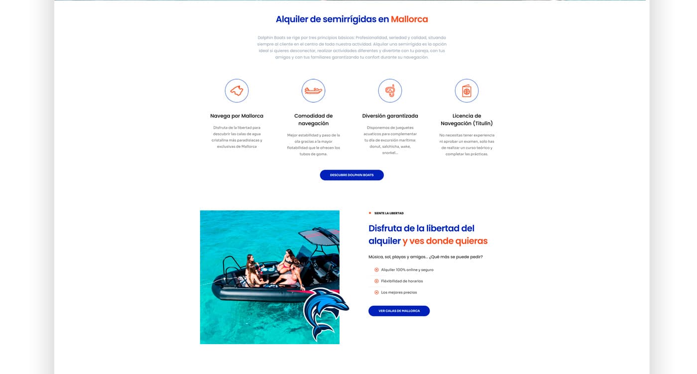 Secció de la web amb icones de navegació, comoditat, diversió i llicència de navegació