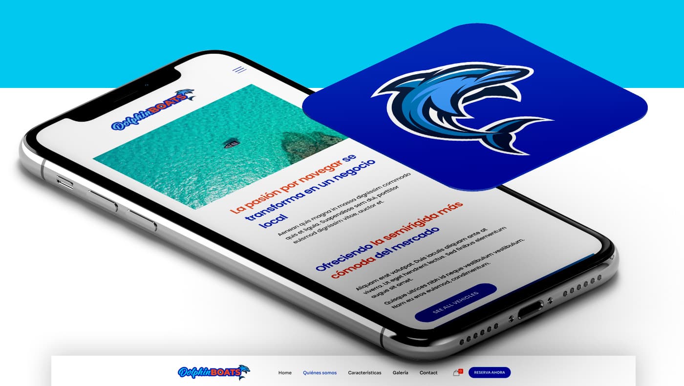 Mockup de la web de Dolphin Boats en un iPhone al costat de l'isotip del dofí
