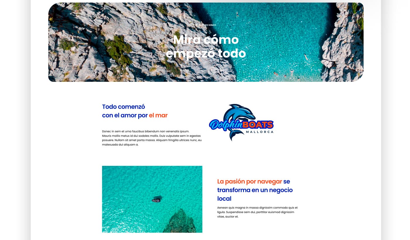 Secció web amb imatge aèria de cala i text sobre l'origen del negoci