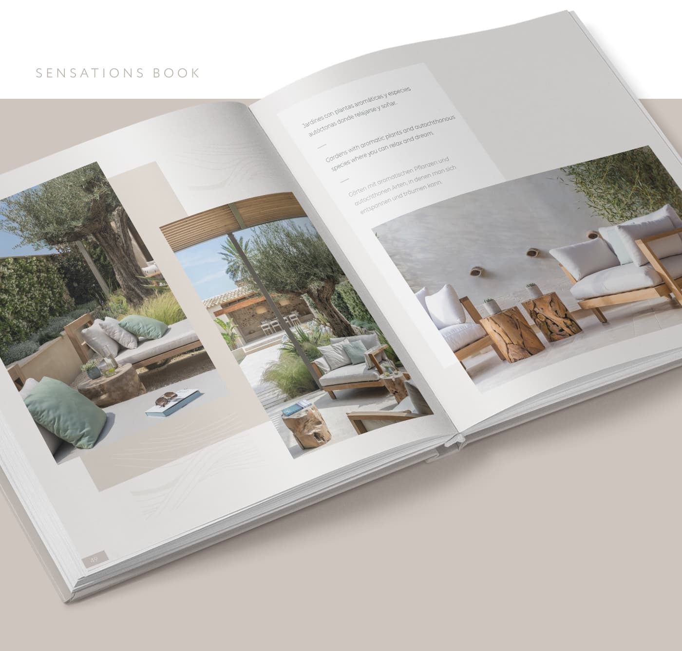 Libro de sensaciones abierto con fotografías de un jardín y una terraza con piscina