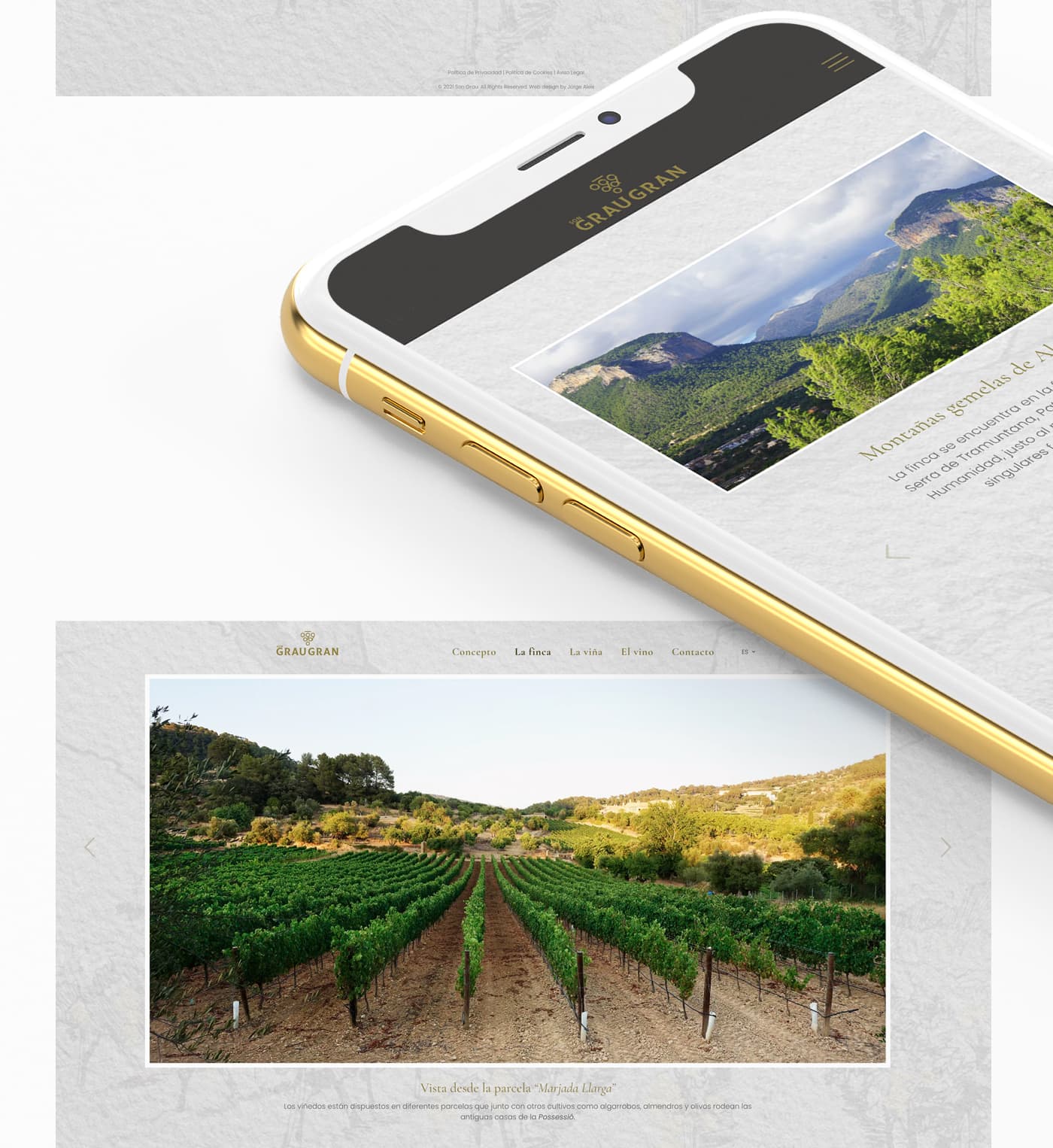 Mockup de la web de Son Grau Gran en móvil y tablet sobre fondo de papel envejecido