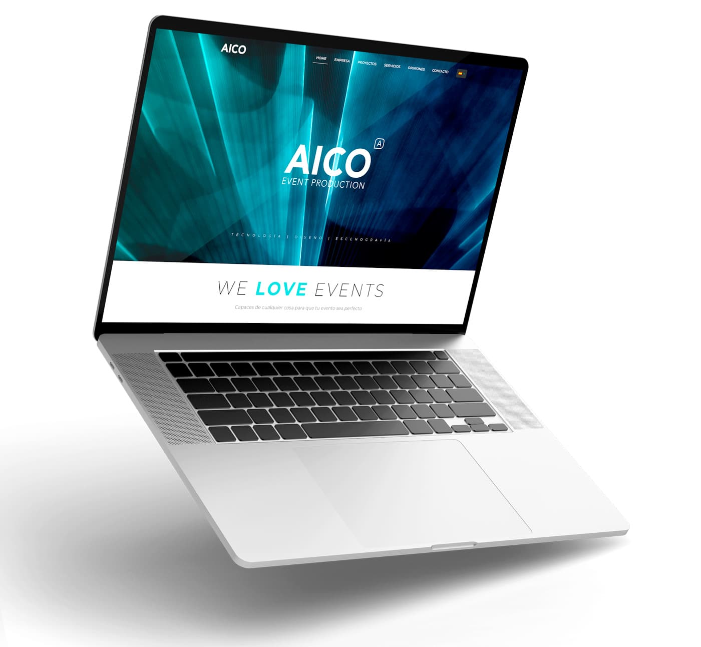 Mockup de laptop con la home de AICO en tonos azules y turquesa