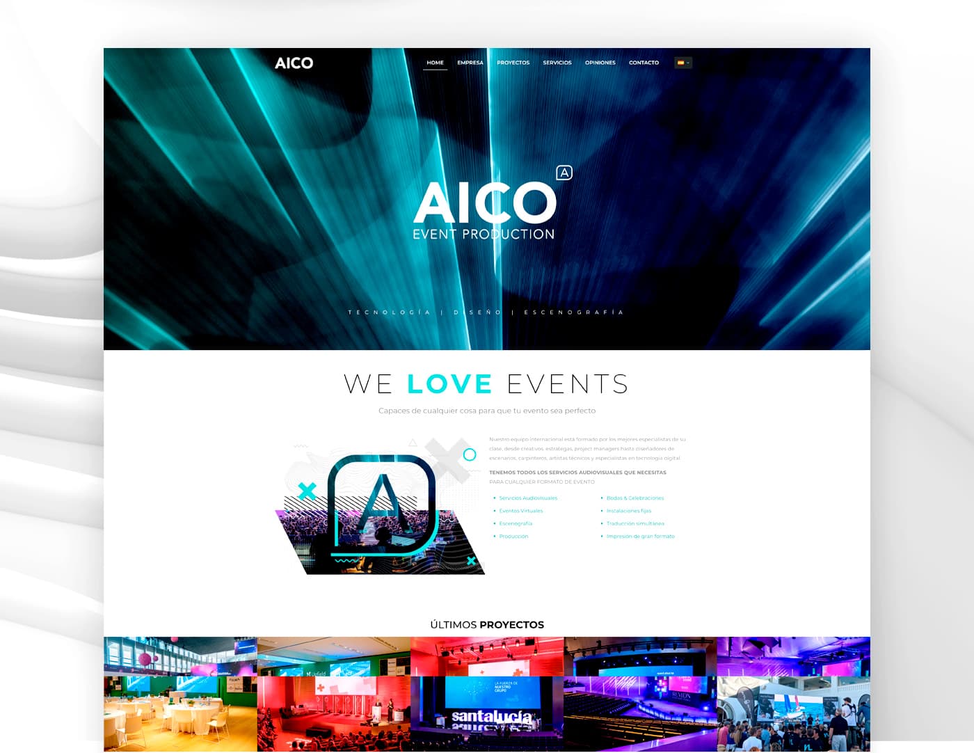 Home de la web de AICO con sección de servicios y galería de últimos proyectos