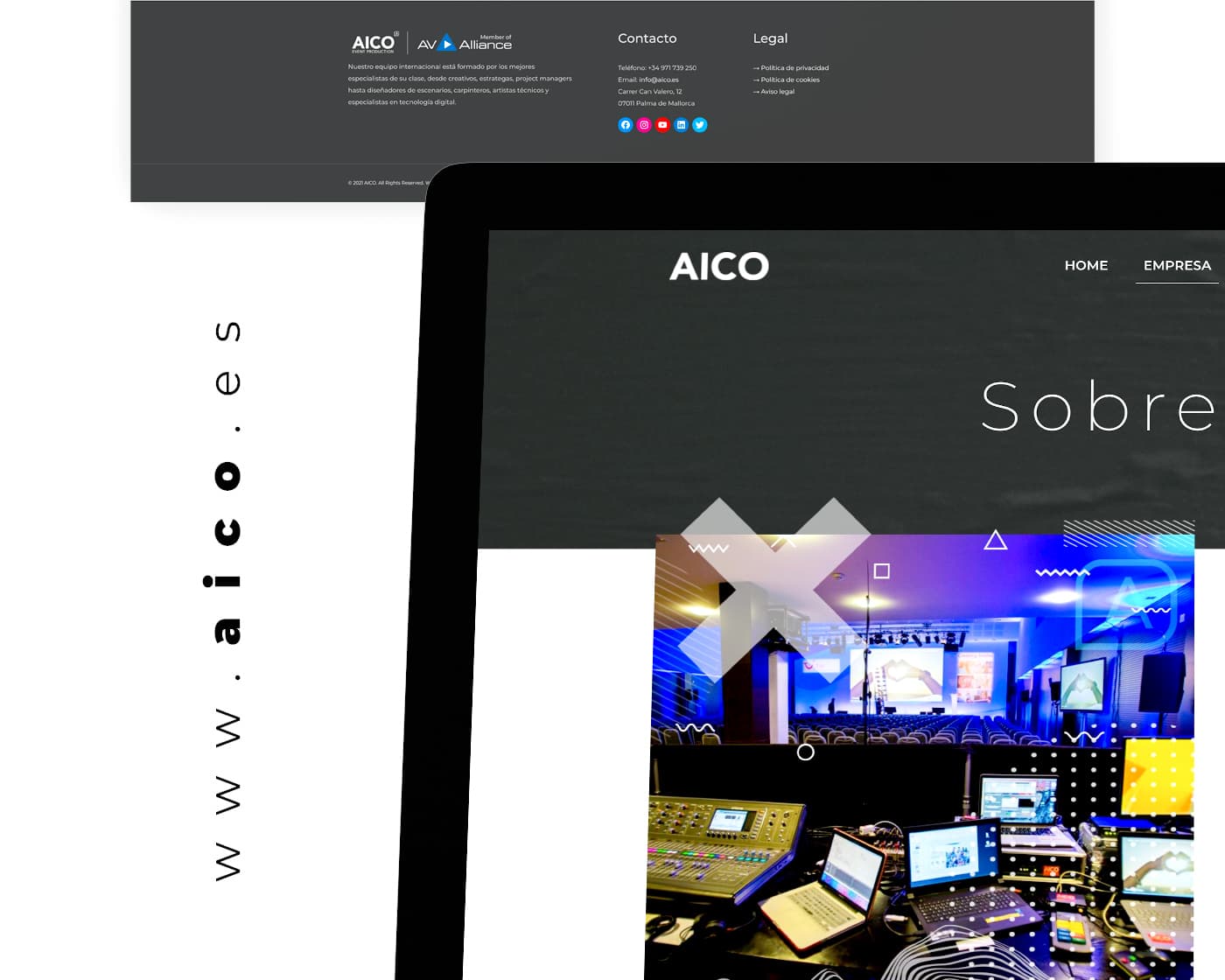 Pie de página y mockup de tablet con la sección Sobre AICO