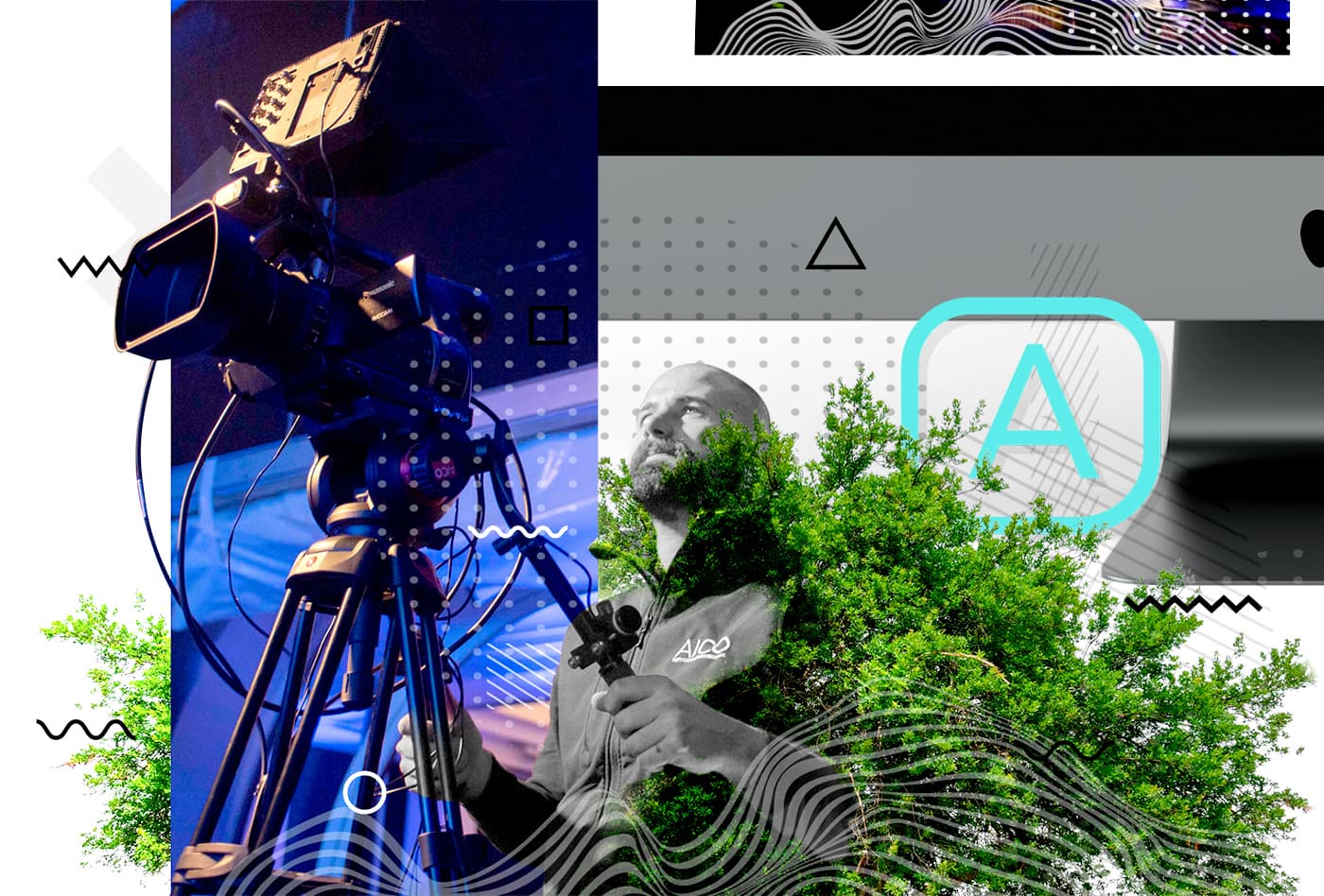 Collage con cámara de vídeo profesional, técnico de AICO y elementos gráficos