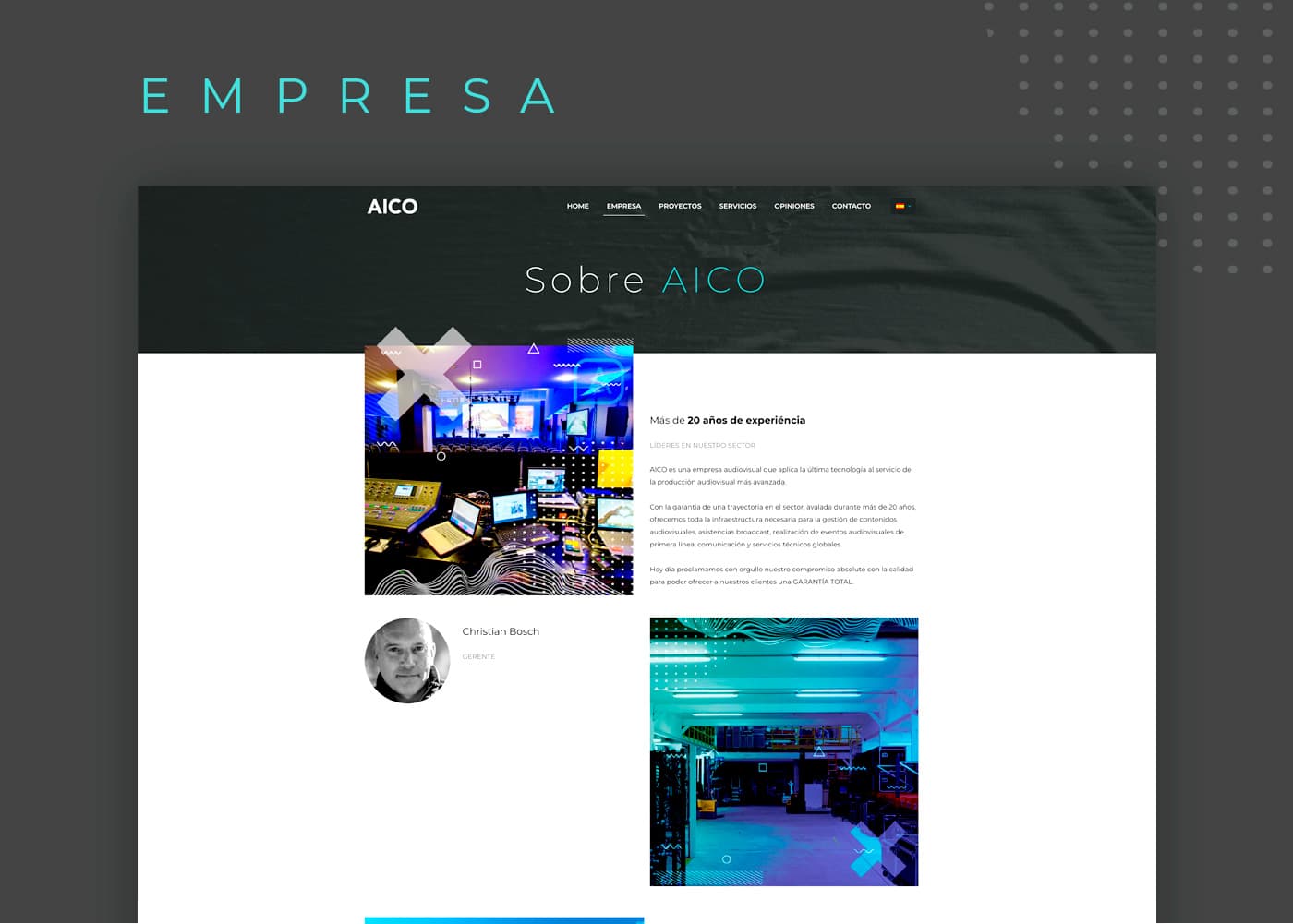 Sección Sobre AICO con foto de sala de control audiovisual y mesa de mezclas