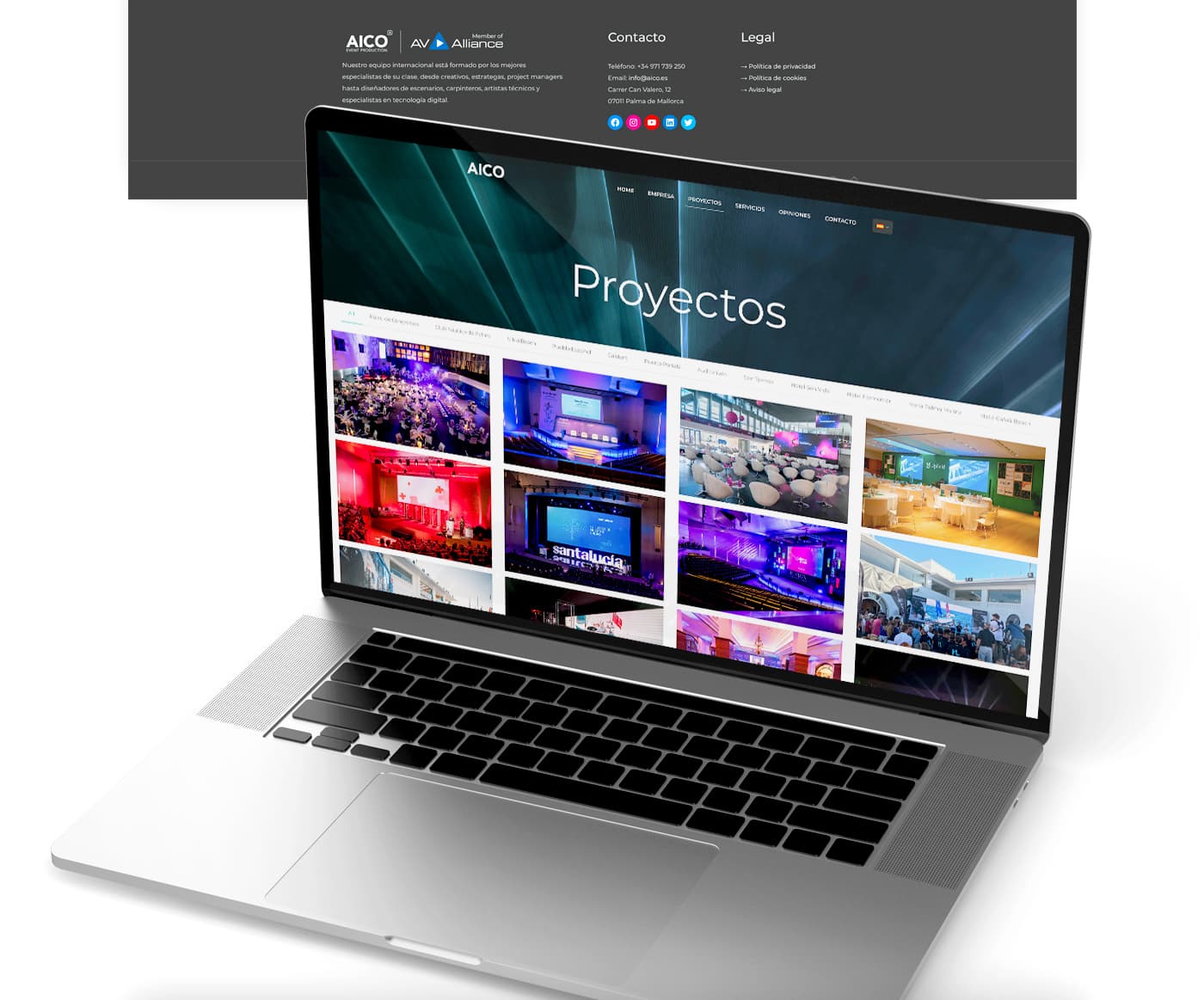 Mockup de laptop con la página de Proyectos y galería de eventos en cuadrícula