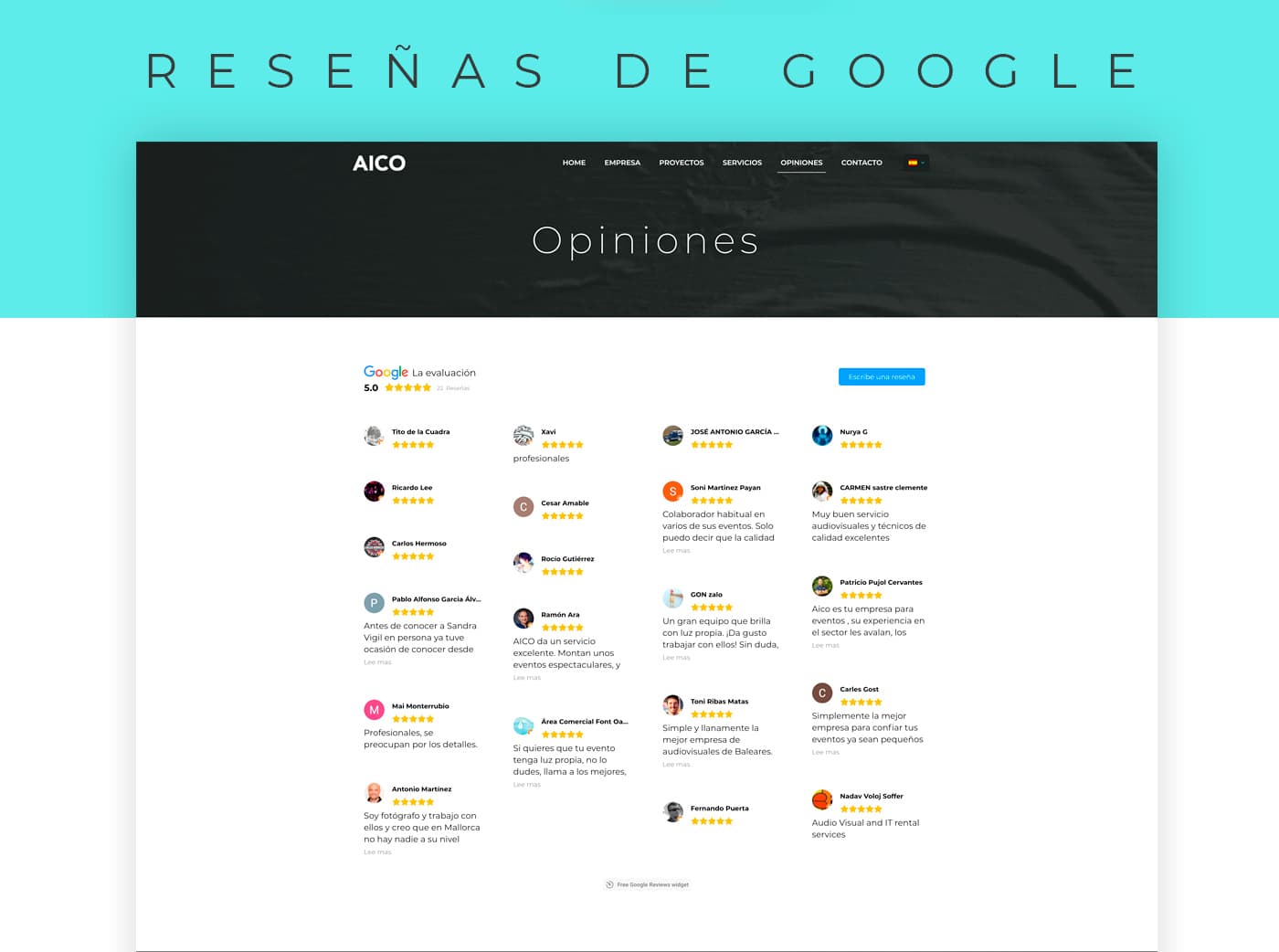 Página de Opiniones con reseñas de clientes de Google sobre AICO