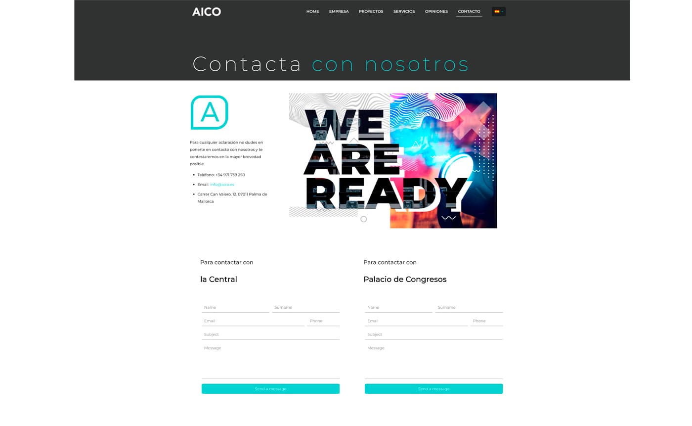 Página de contacto con el mensaje 'We are ready' y formularios de la central