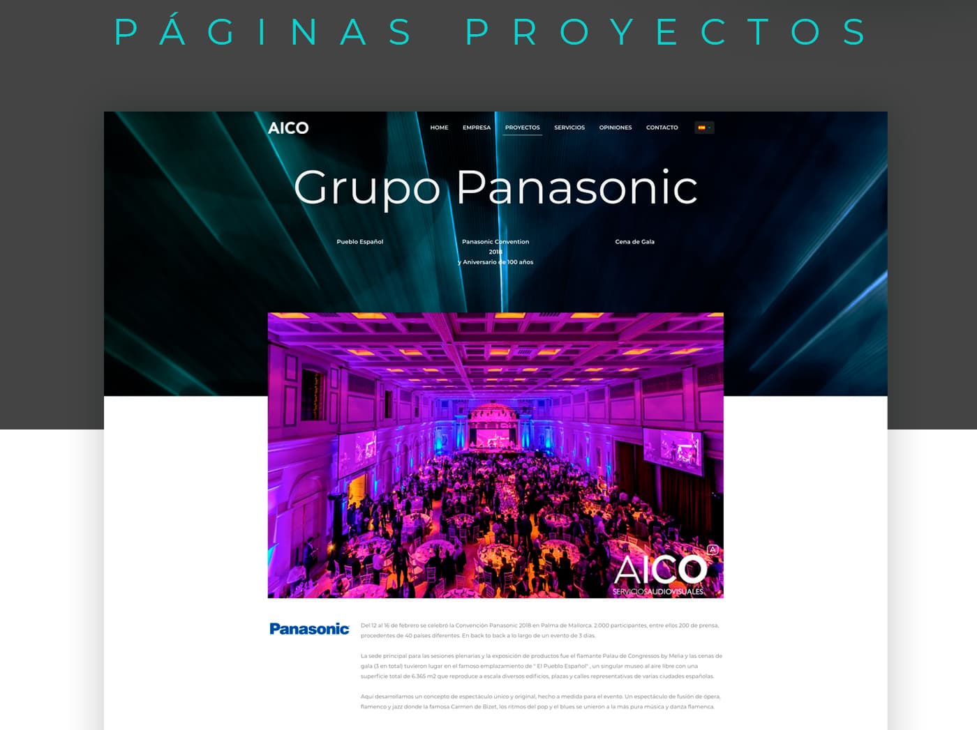 Página de proyecto del Grupo Panasonic con foto del salón de gala iluminado