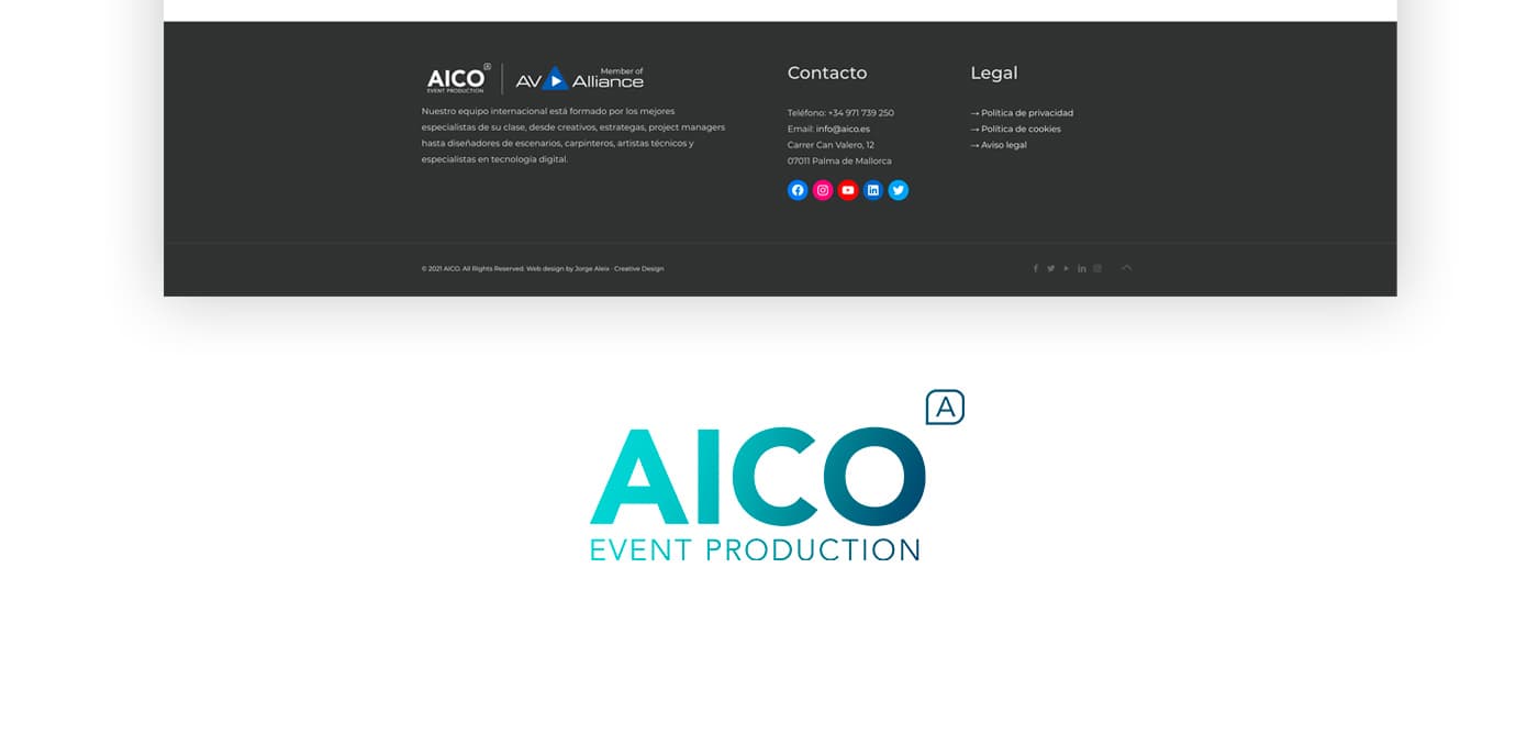Pie de página oscuro y logotipo de AICO en turquesa sobre fondo blanco