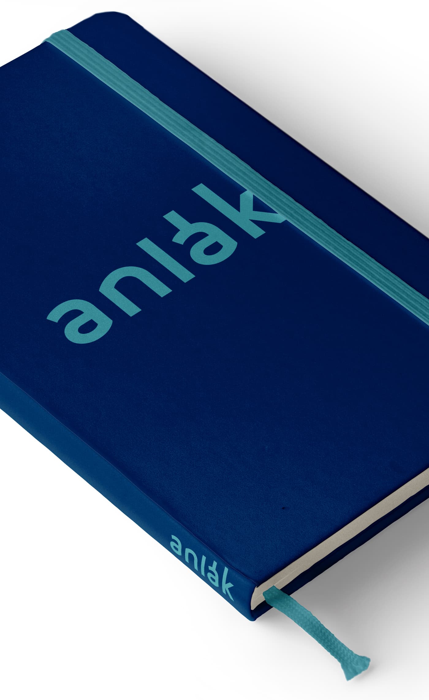 Mockup de libreta de tapa azul marino con el logotipo de Anlak