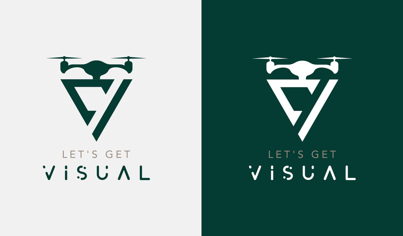Logotip de Let's Get Visual amb isotip de dron en verd i blanc sobre dos fons