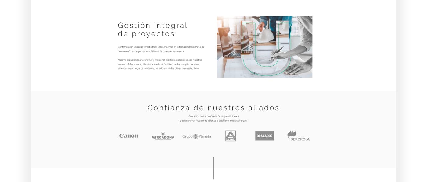 Sección de gestión de proyectos con los logotipos de clientes como Canon y Mercadona