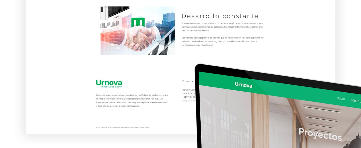 Apartado de desarrollo constante junto al mockup de la sección de proyectos