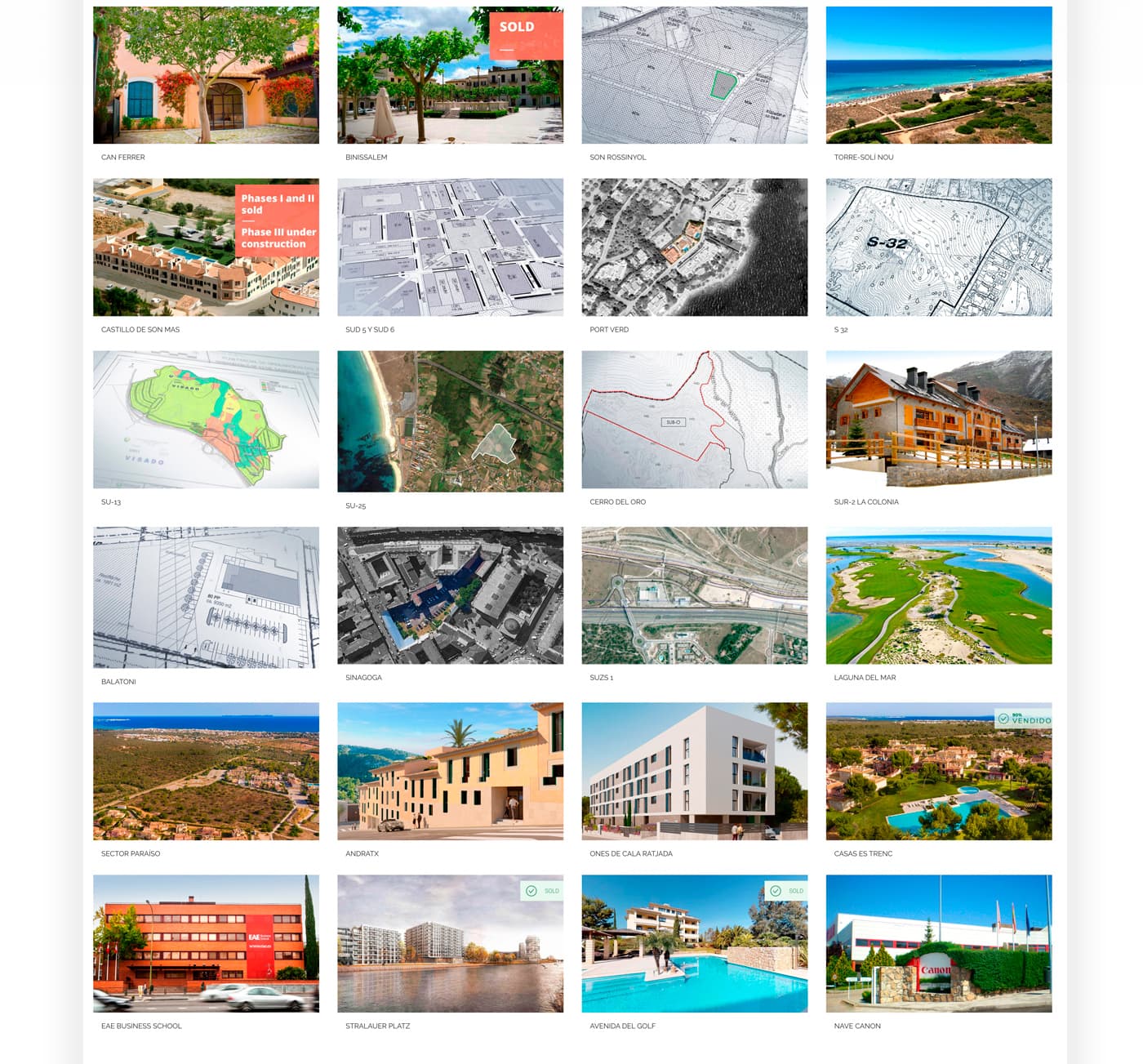 Cuadrícula completa de proyectos de Urnova con planos, mapas y fotografías de obra