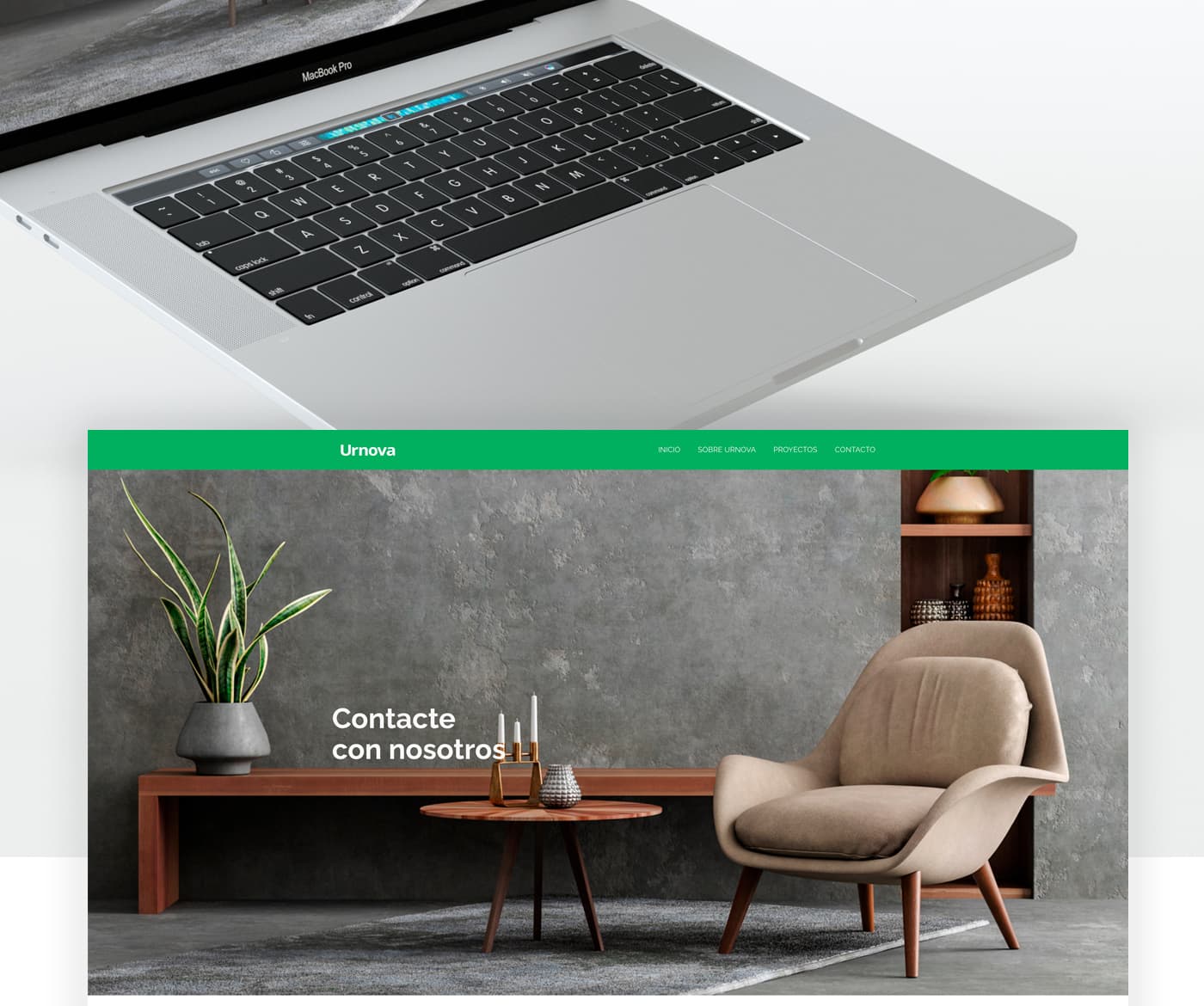 Detalle del teclado de un MacBook junto a la home de contacto con mobiliario de diseño