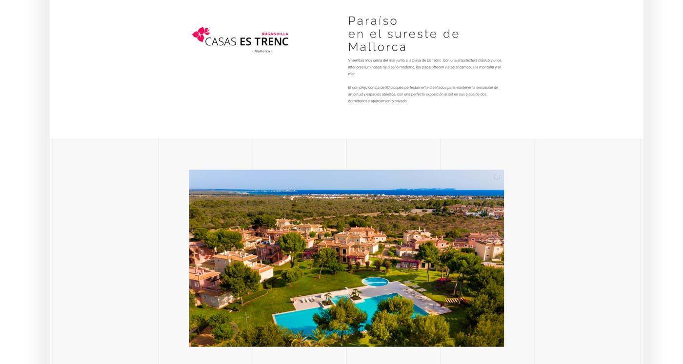 Microsite de Casas Es Trenc con el titular Paraíso en el sureste de Mallorca