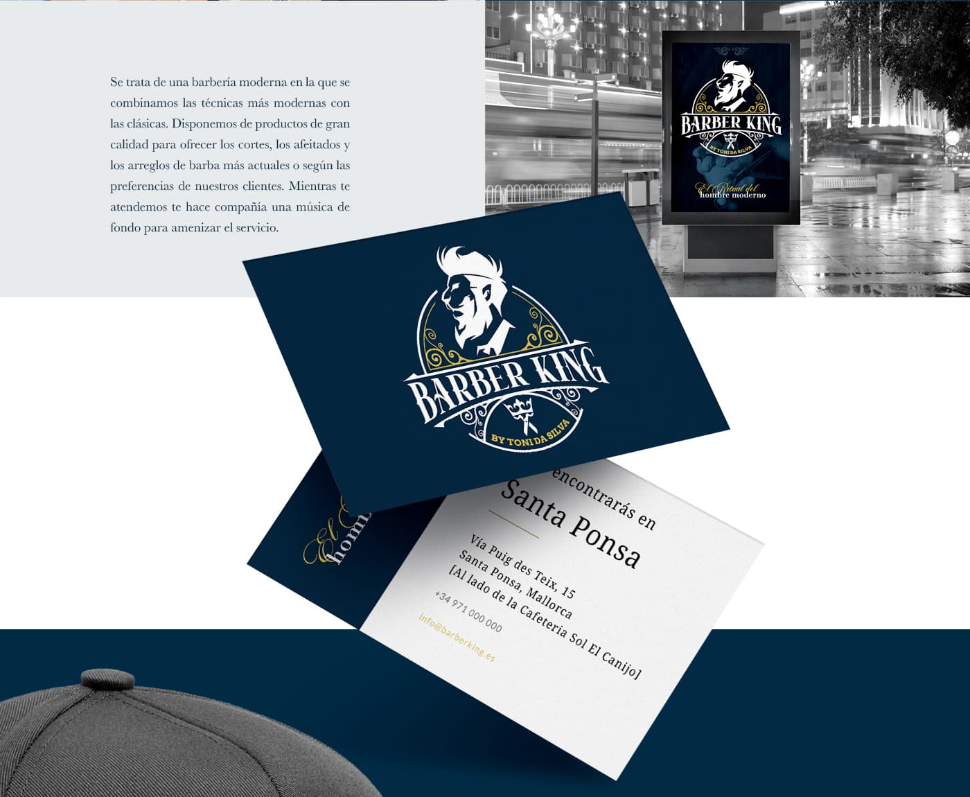 Mockup de tarjetas de visita, marquesina publicitaria nocturna y gorra bordada