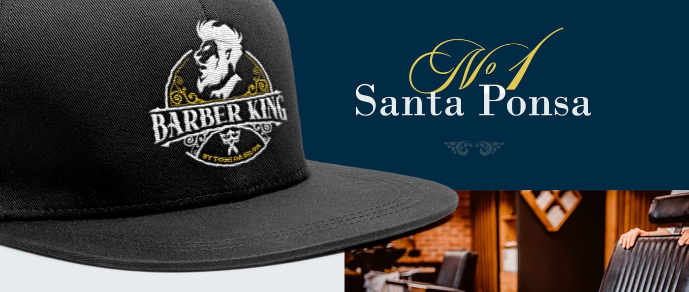 Detalle de la gorra bordada con el logotipo de Barber King