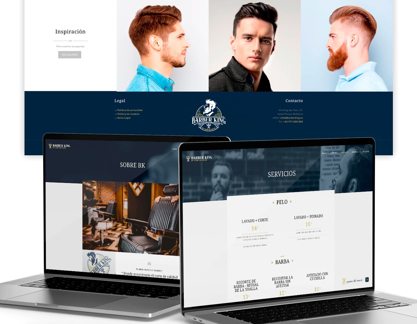 Retratos de peinados masculinos junto a mockups de la web en portátiles