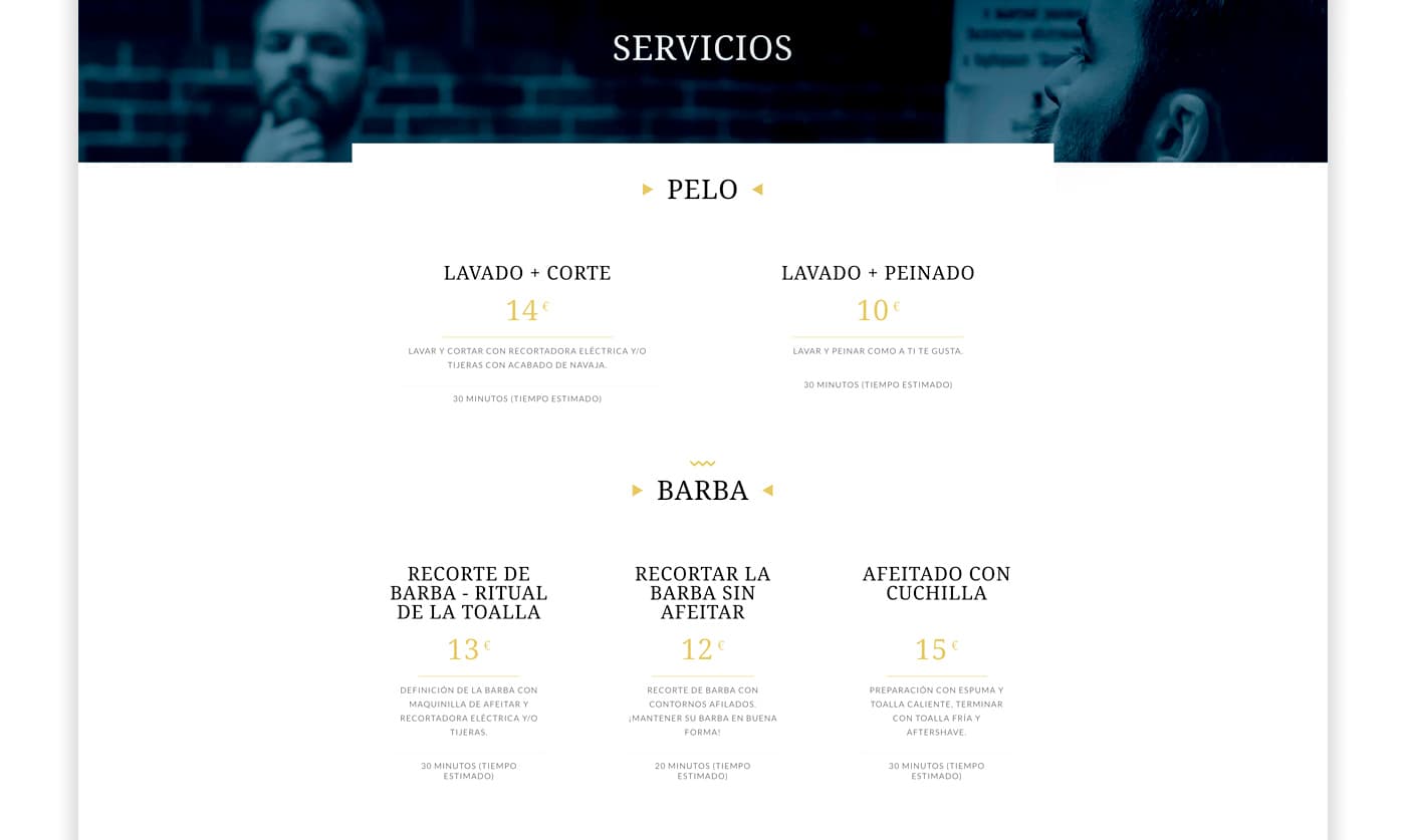 Captura de la página de servicios con la lista de precios