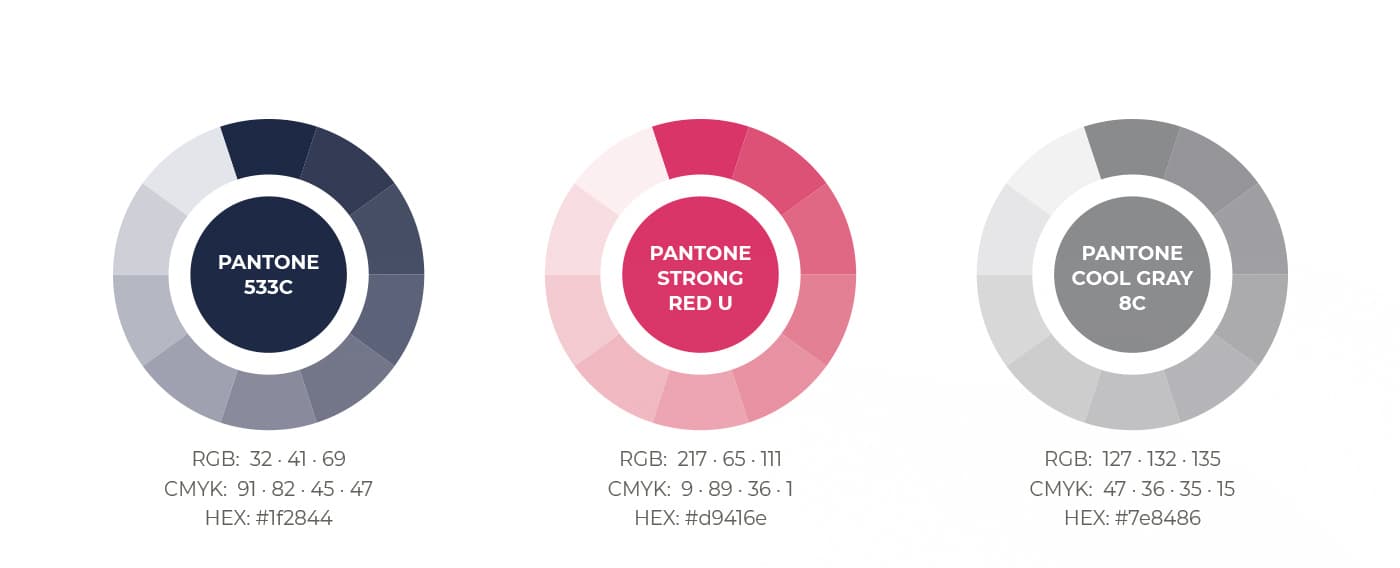 Colour wheel with the three corporate colours in Pantone, RGB and CMYK