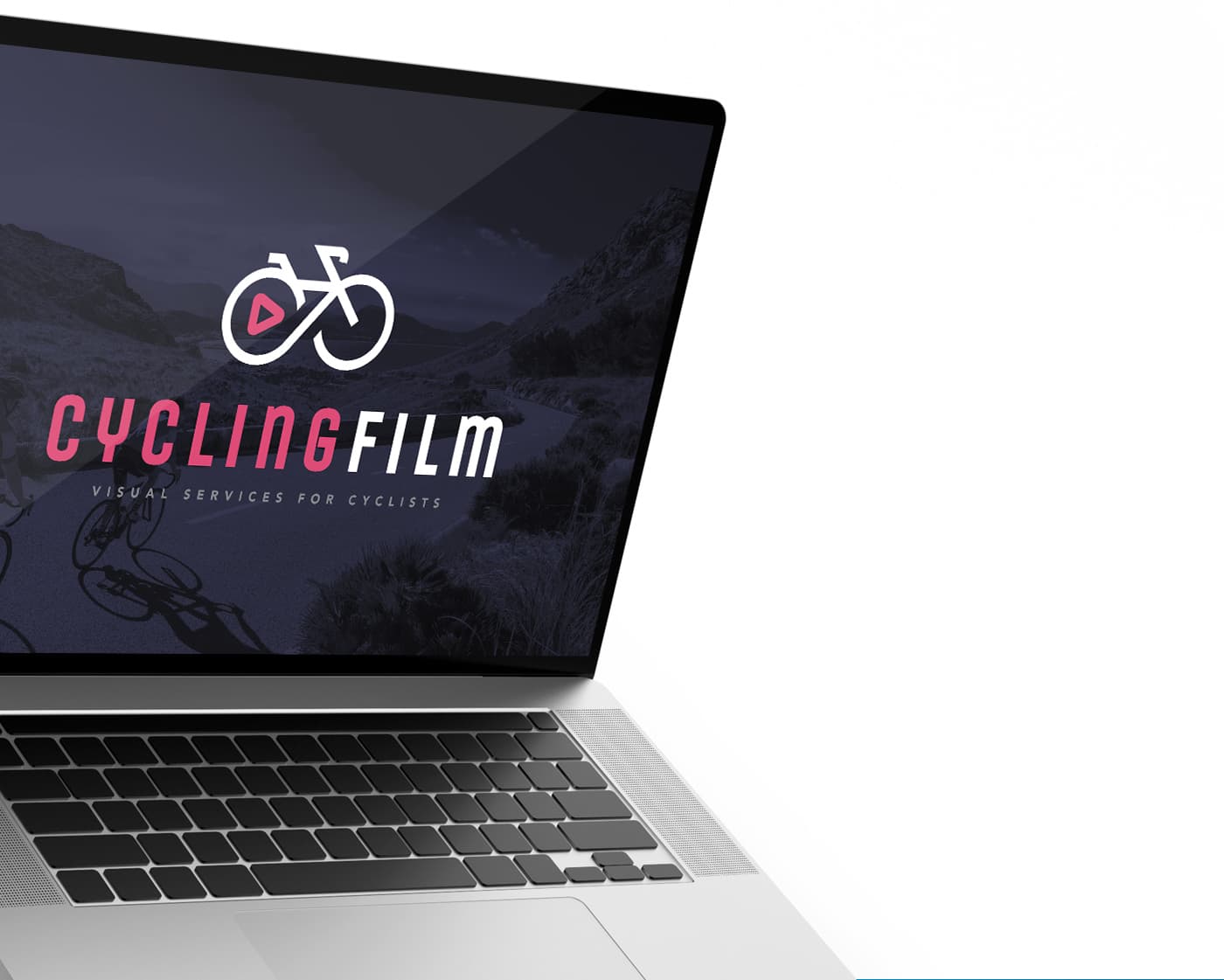 Laptop showing the website's home screen with cyclists in the background