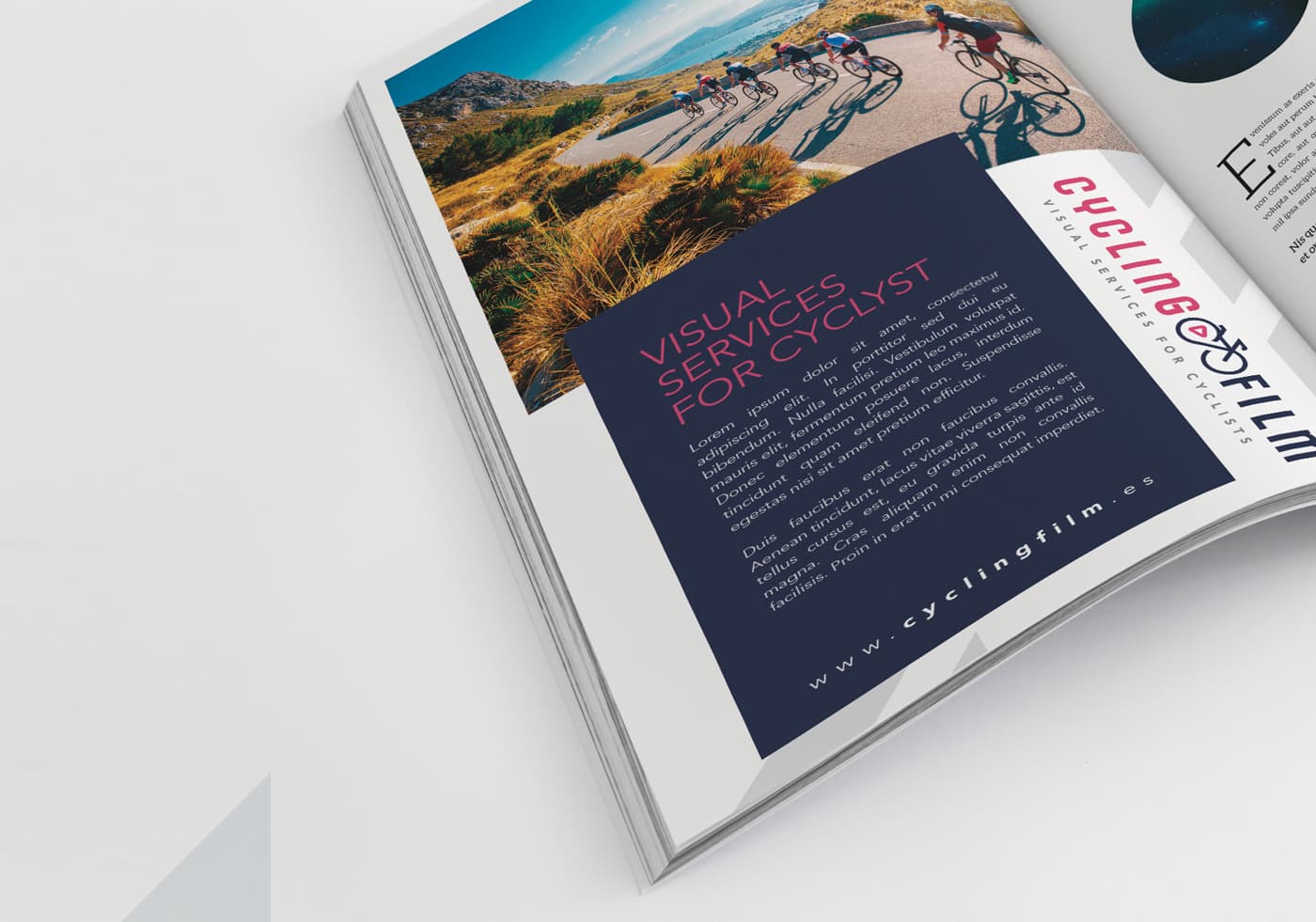 Open magazine spread with a photo feature on cyclists and a brand advert