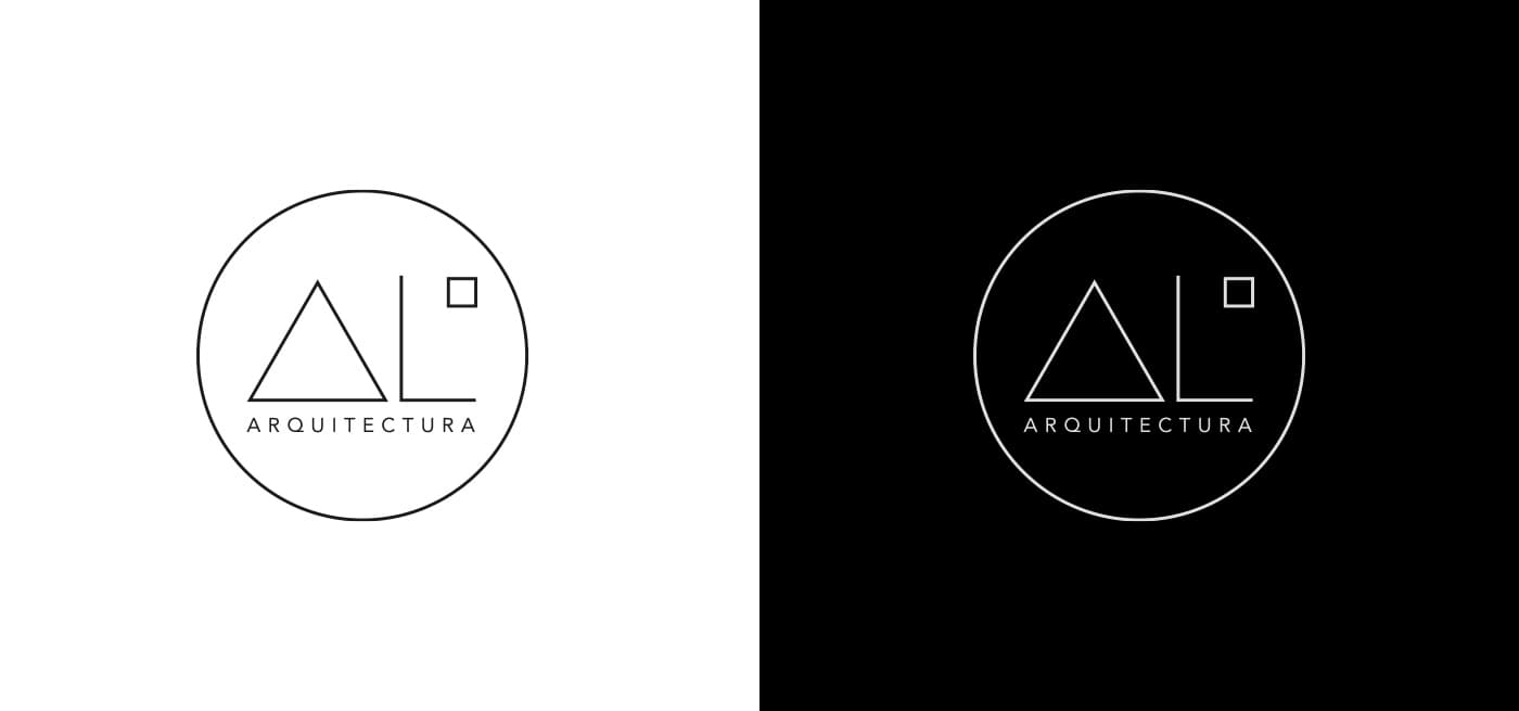 Circular logotype of AL Cuadrado Arquitectura in black and white versions