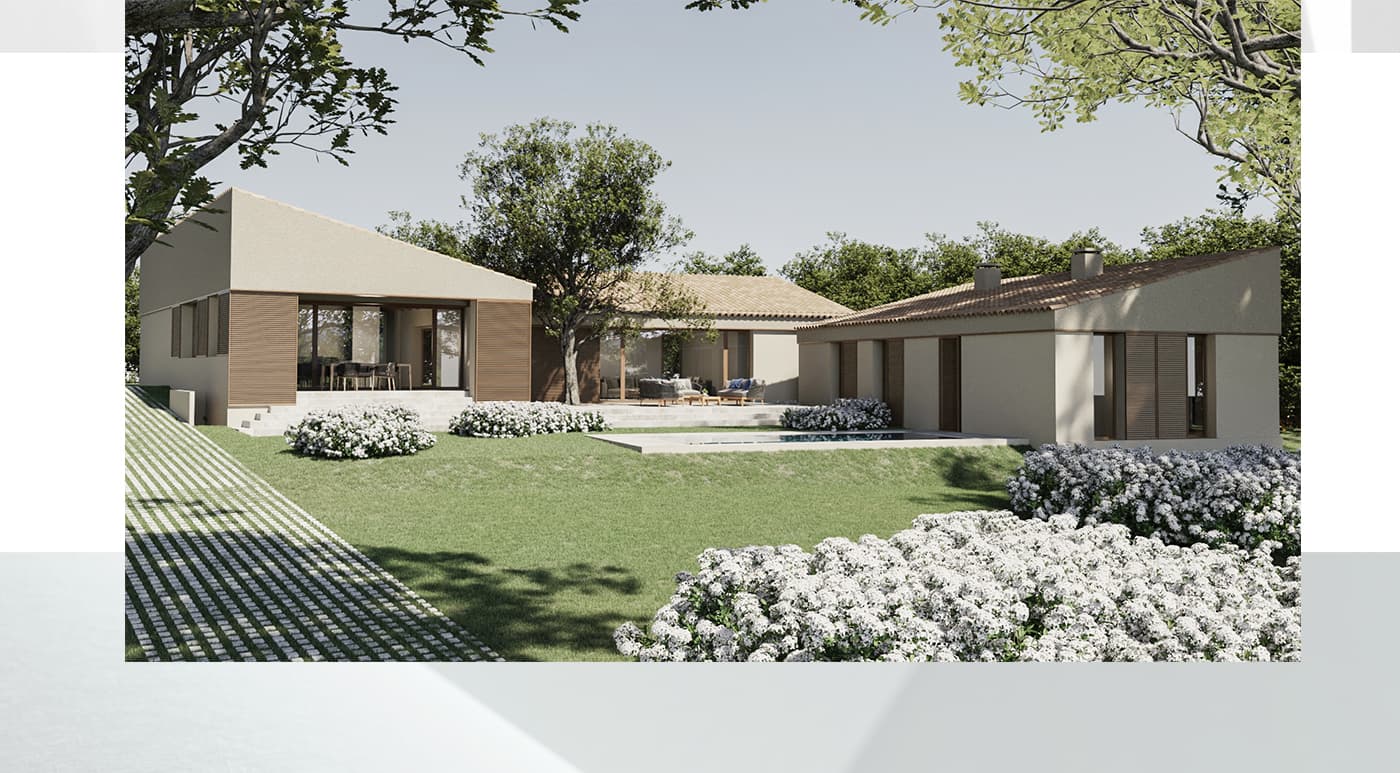 Exterior render of a single-family home with garden and pool