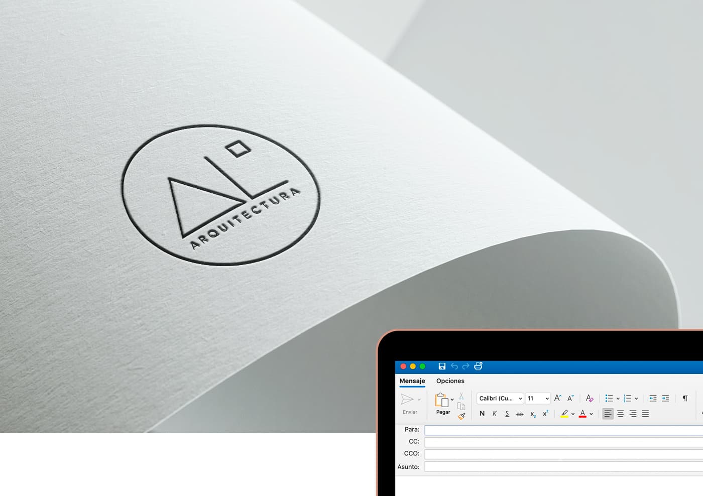 Mockup of the logotype embossed on paper next to an email signature