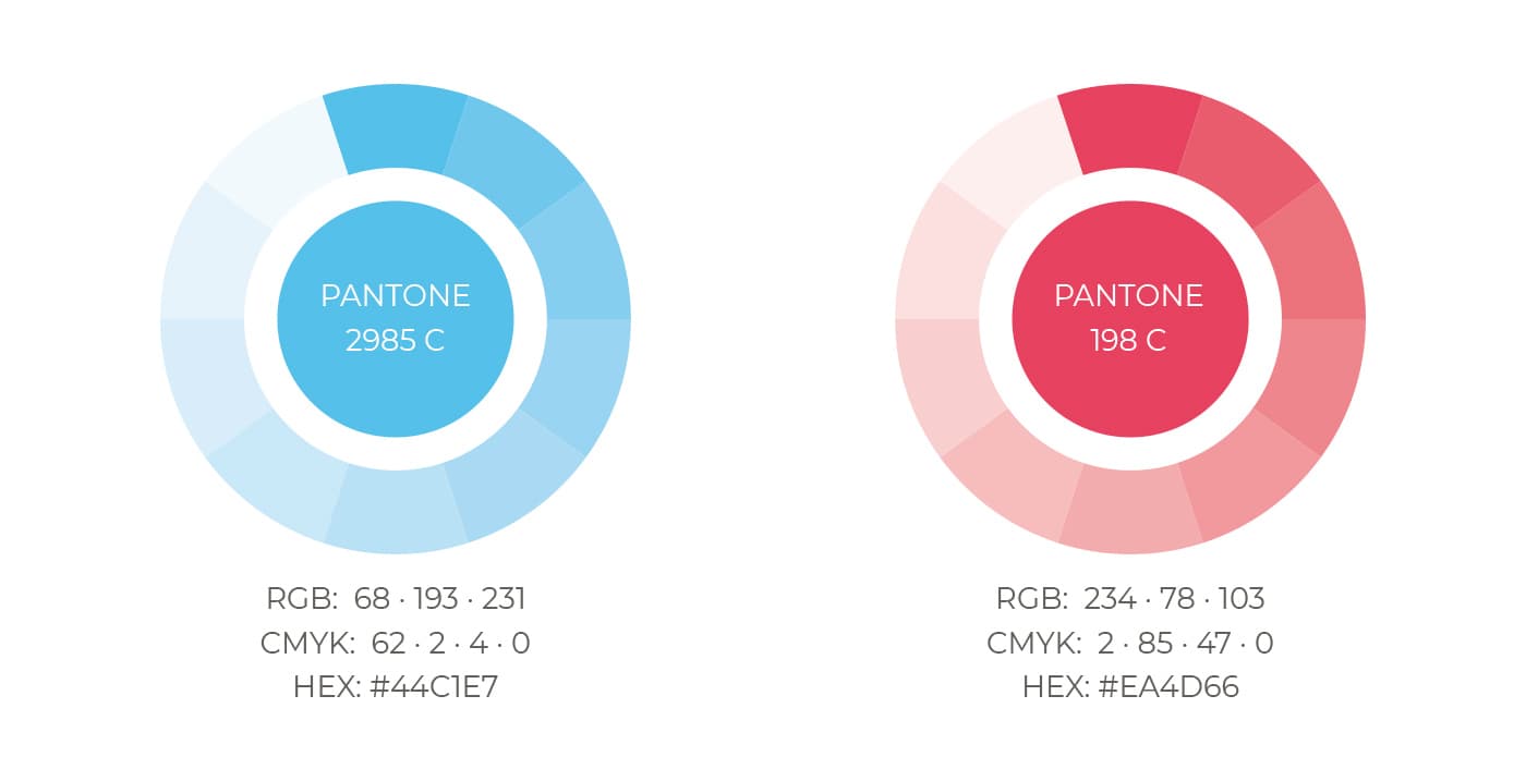 Paleta de colores corporativa en azul y coral con códigos Pantone